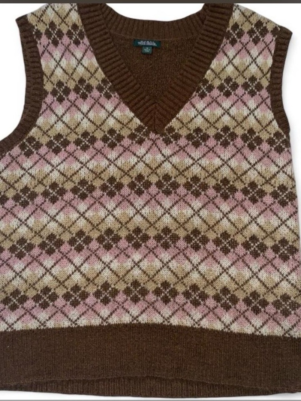 wild fable Brown, Pink & Cream Argyle V-Neck Sweater Vest